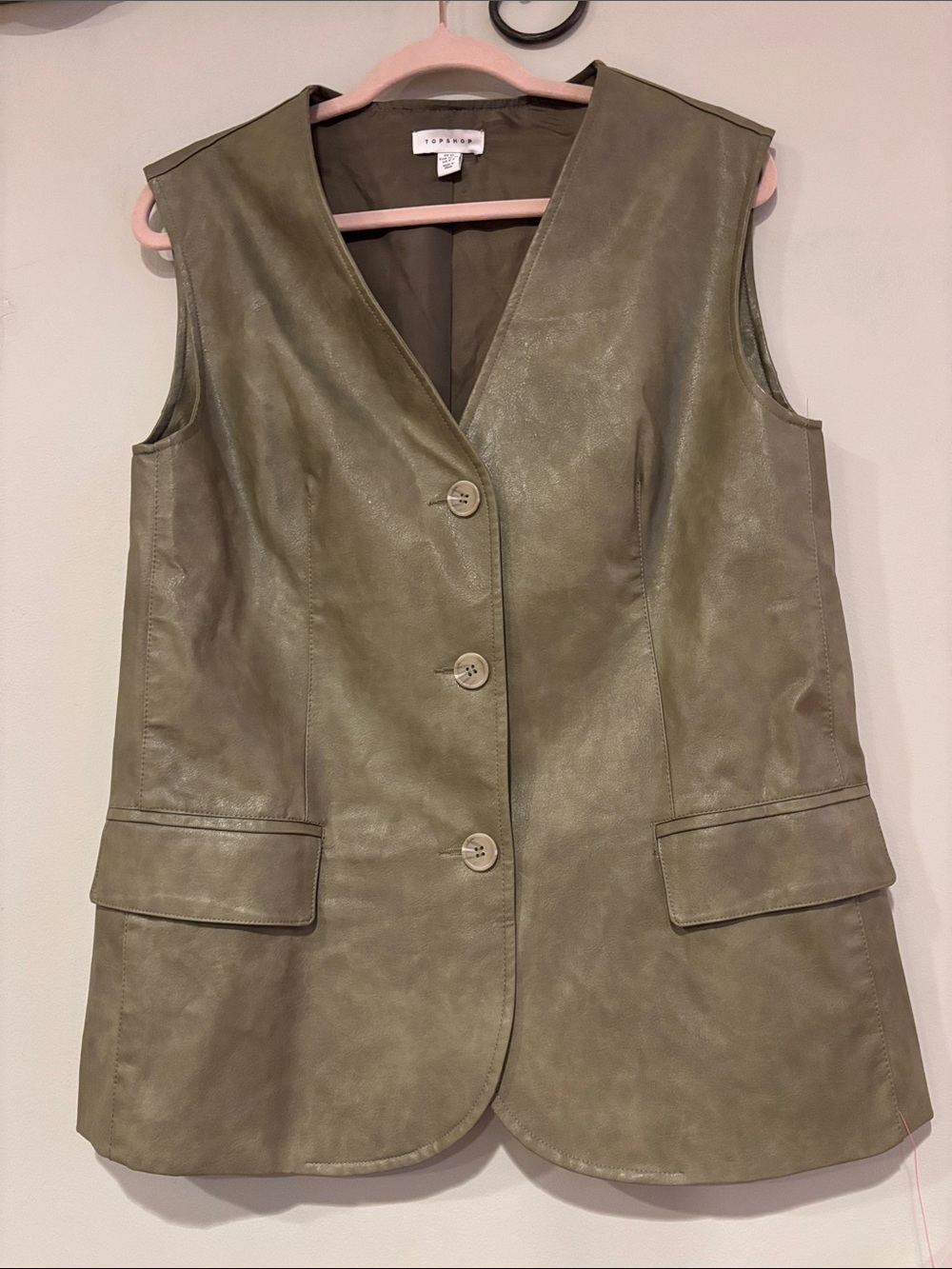 Topshop Olive Faux Leather Button-Front Sleeveless Vest